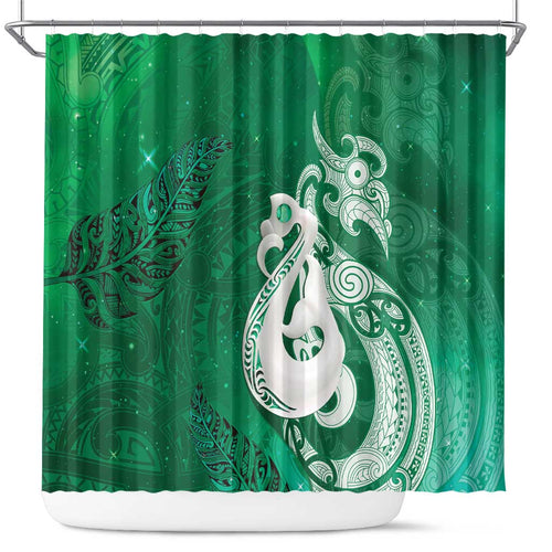 New Zealand Matariki Shower Curtain Maori Manaia Galaxy Silver Fern Green Color