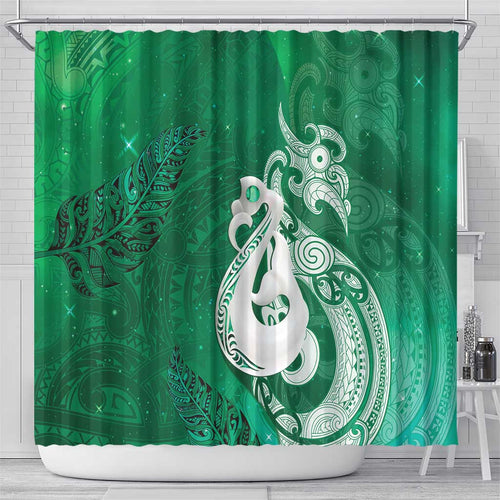 New Zealand Matariki Shower Curtain Maori Manaia Galaxy Silver Fern Green Color