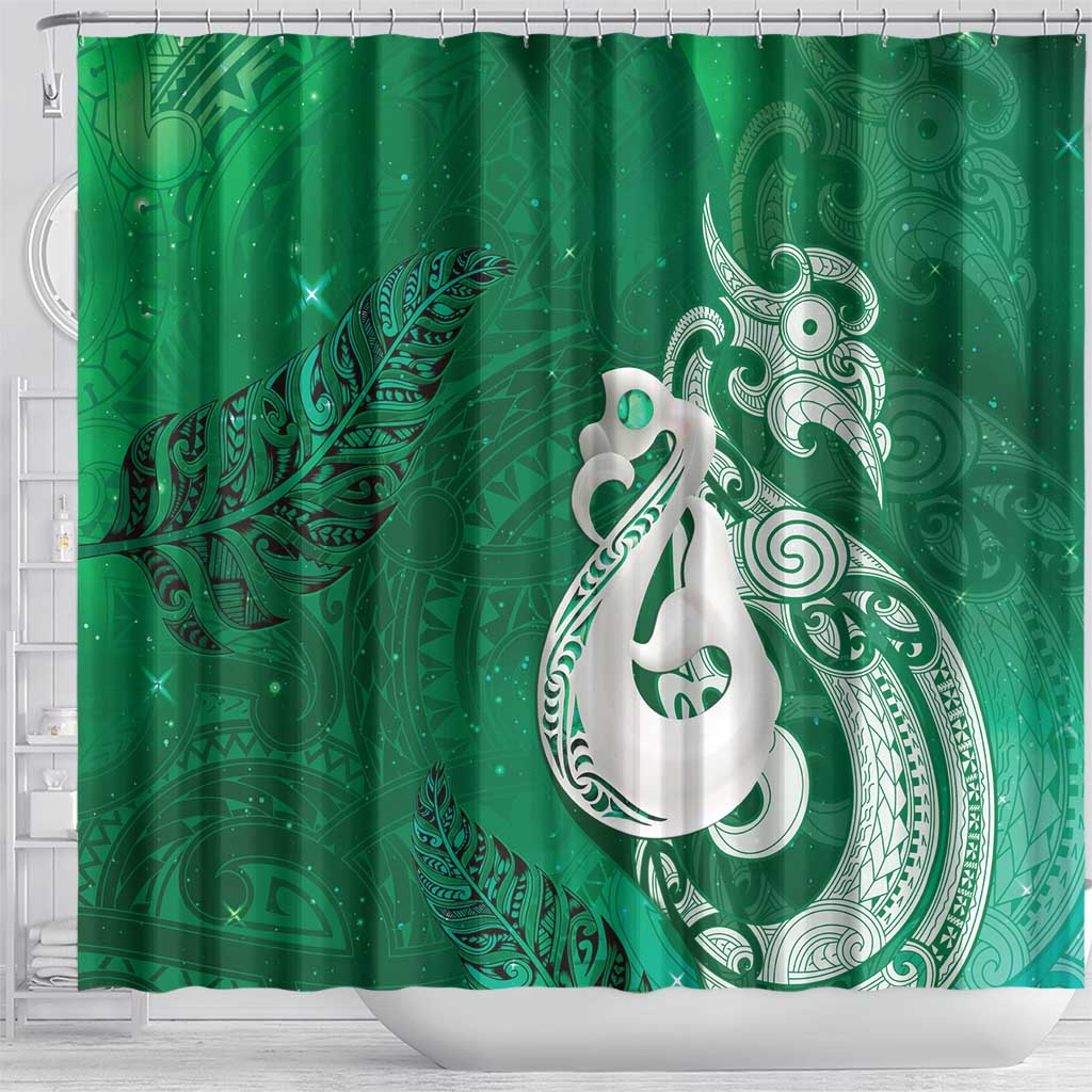 New Zealand Matariki Shower Curtain Maori Manaia Galaxy Silver Fern Green Color