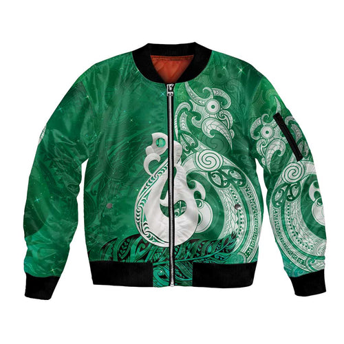 New Zealand Matariki Sleeve Zip Bomber Jacket Maori Manaia Galaxy Silver Fern Green Color