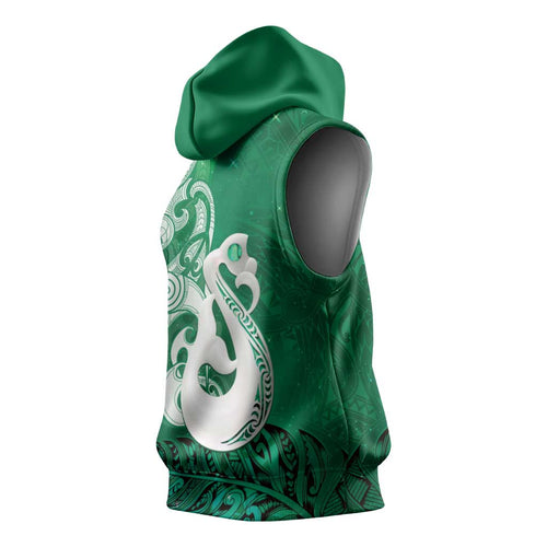 New Zealand Matariki Sleeveless Hoodie Maori Manaia Galaxy Silver Fern Green Color