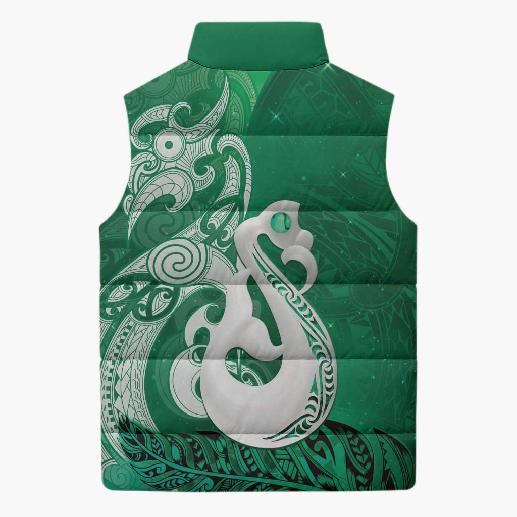 New Zealand Matariki Sleeveless Puffer Jacket Maori Manaia Galaxy Silver Fern Green Color