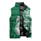 New Zealand Matariki Sleeveless Puffer Jacket Maori Manaia Galaxy Silver Fern Green Color