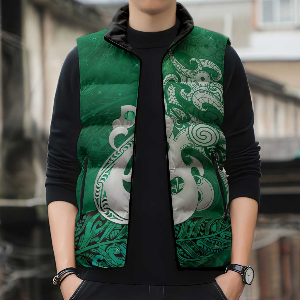 New Zealand Matariki Sleeveless Puffer Jacket Maori Manaia Galaxy Silver Fern Green Color