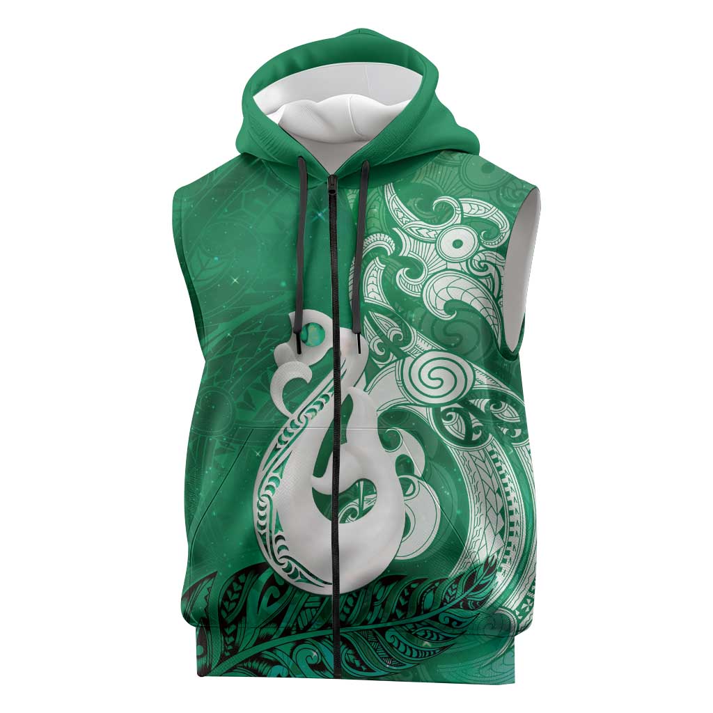 New Zealand Matariki Sleeveless Zip Hoodie Maori Manaia Galaxy Silver Fern Green Color