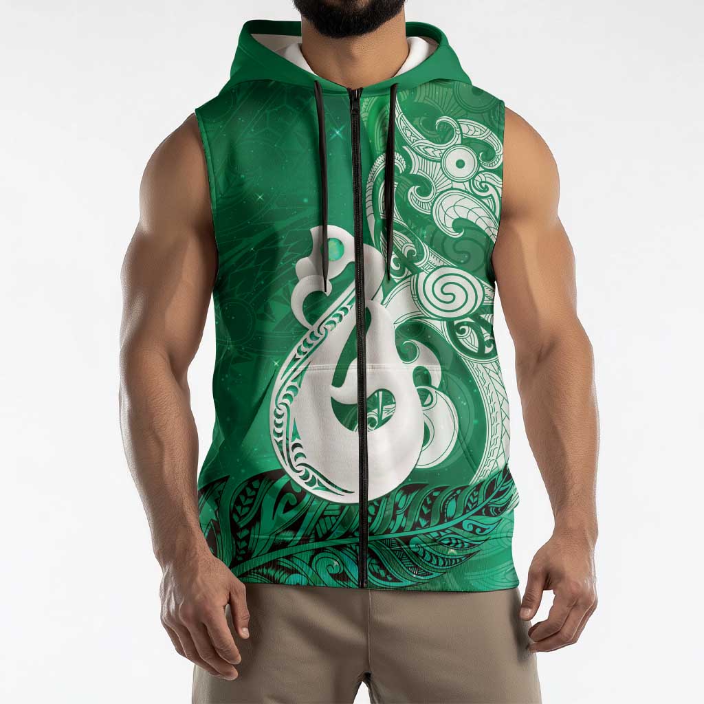 New Zealand Matariki Sleeveless Zip Hoodie Maori Manaia Galaxy Silver Fern Green Color