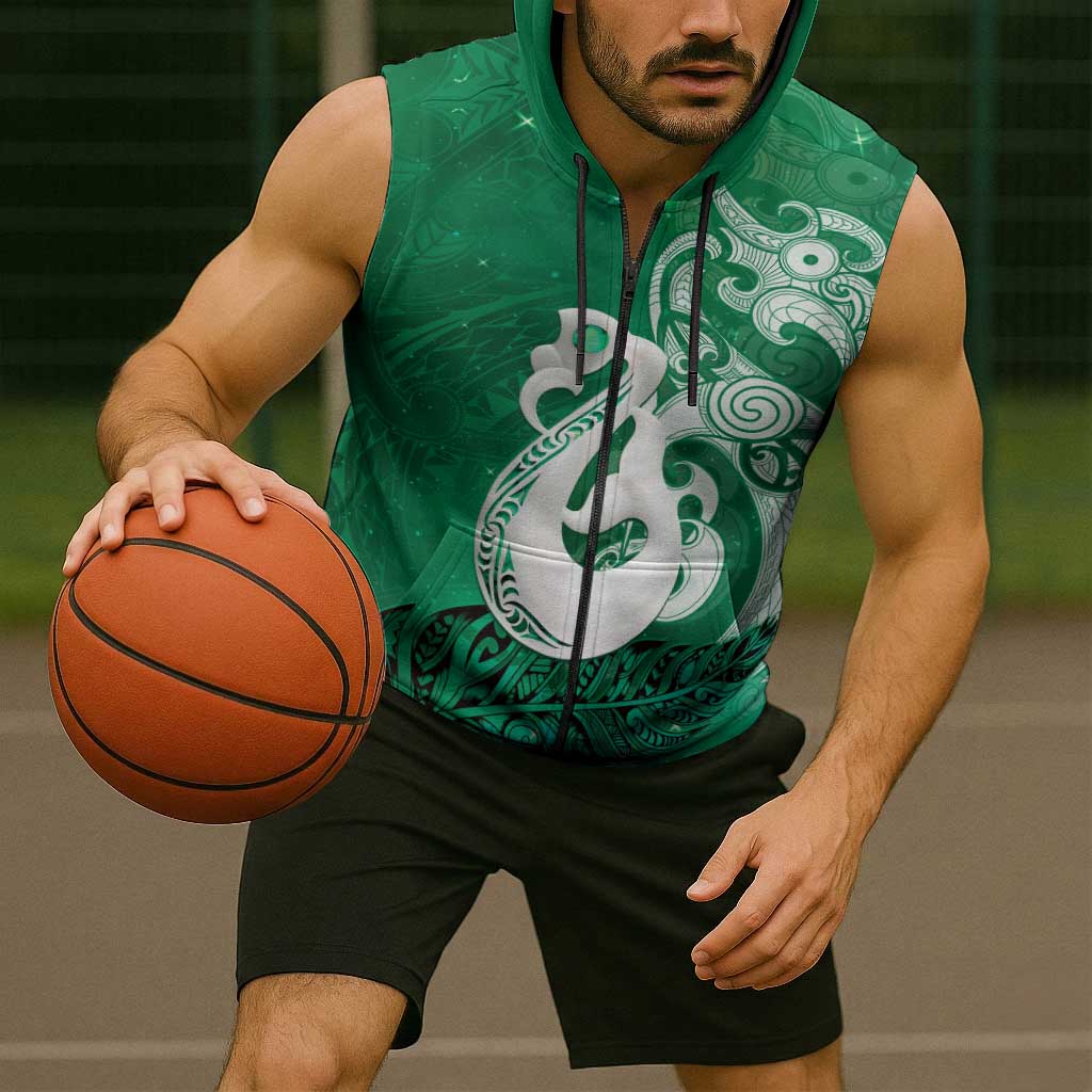 New Zealand Matariki Sleeveless Zip Hoodie Maori Manaia Galaxy Silver Fern Green Color