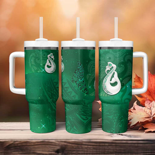 New Zealand Matariki Tumbler With Handle Maori Manaia Galaxy Silver Fern Green Color