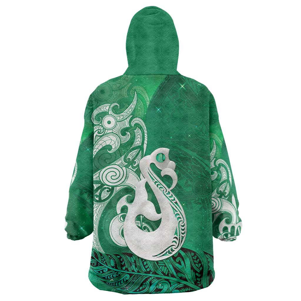 New Zealand Matariki Wearable Blanket Hoodie Maori Manaia Galaxy Silver Fern Green Color