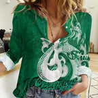 New Zealand Matariki Women Casual Shirt Maori Manaia Galaxy Silver Fern Green Color