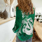 New Zealand Matariki Women Casual Shirt Maori Manaia Galaxy Silver Fern Green Color