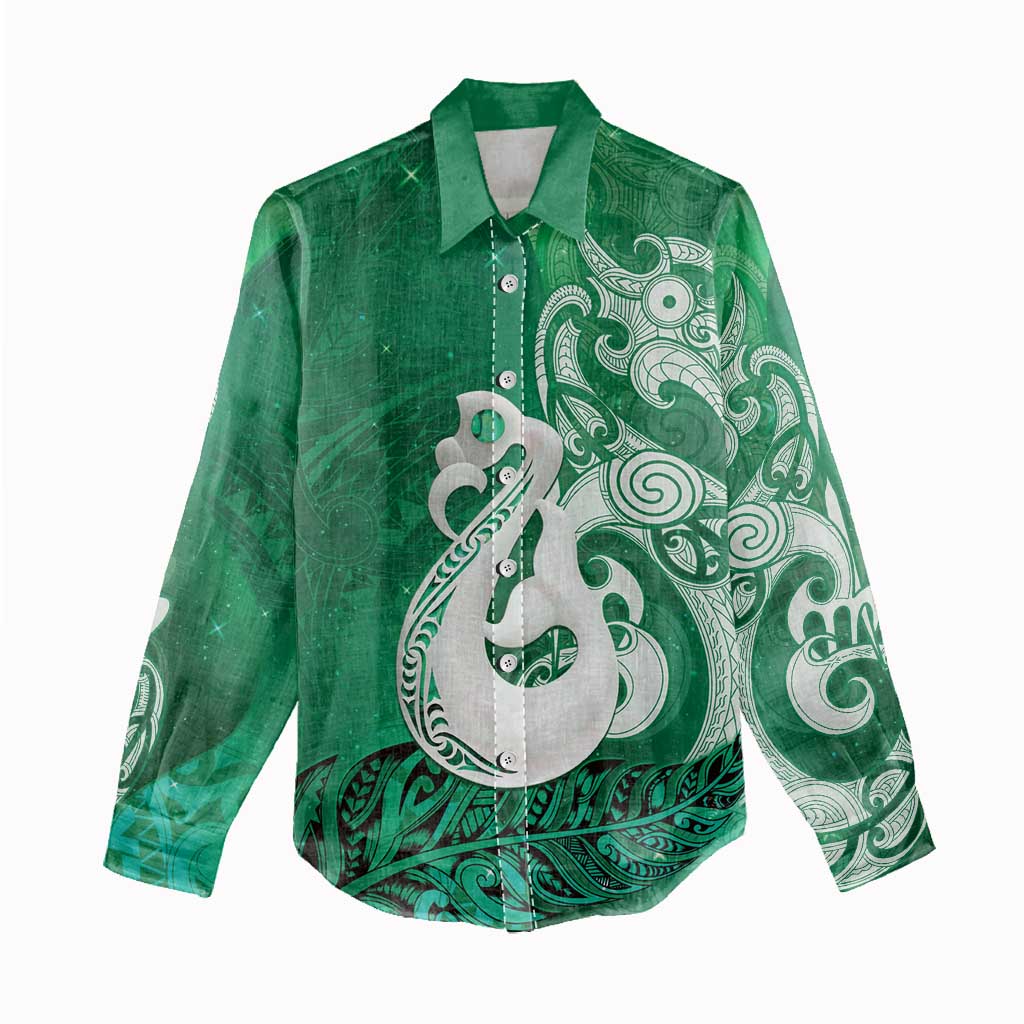 New Zealand Matariki Women Casual Shirt Maori Manaia Galaxy Silver Fern Green Color