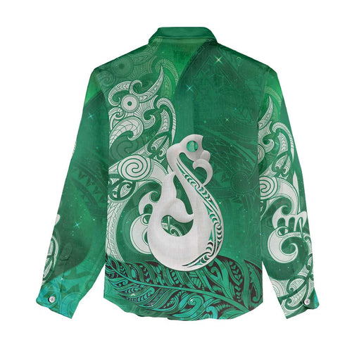 New Zealand Matariki Women Casual Shirt Maori Manaia Galaxy Silver Fern Green Color