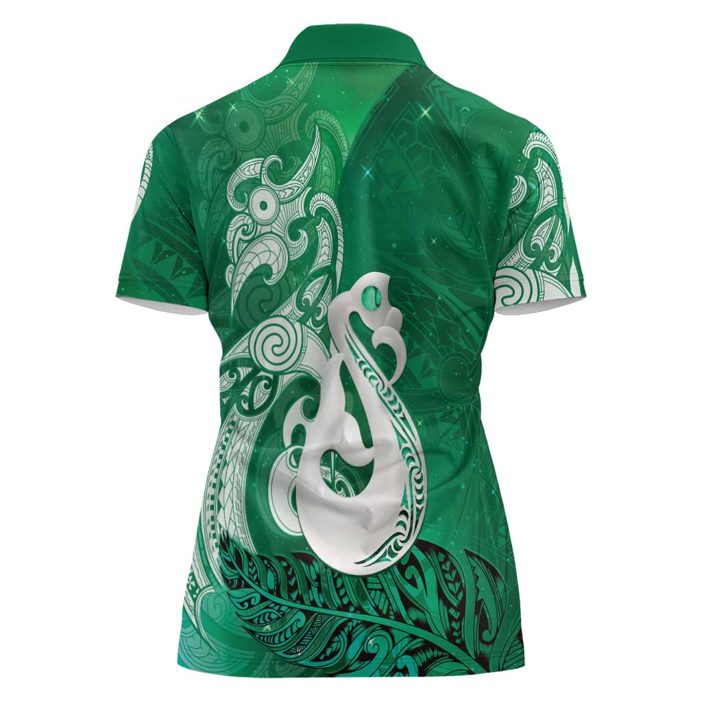 New Zealand Matariki Women Polo Shirt Maori Manaia Galaxy Silver Fern Green Color