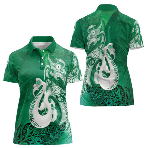 New Zealand Matariki Women Polo Shirt Maori Manaia Galaxy Silver Fern Green Color