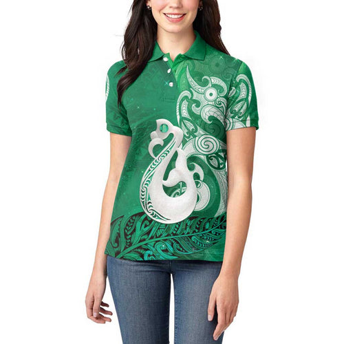 New Zealand Matariki Women Polo Shirt Maori Manaia Galaxy Silver Fern Green Color