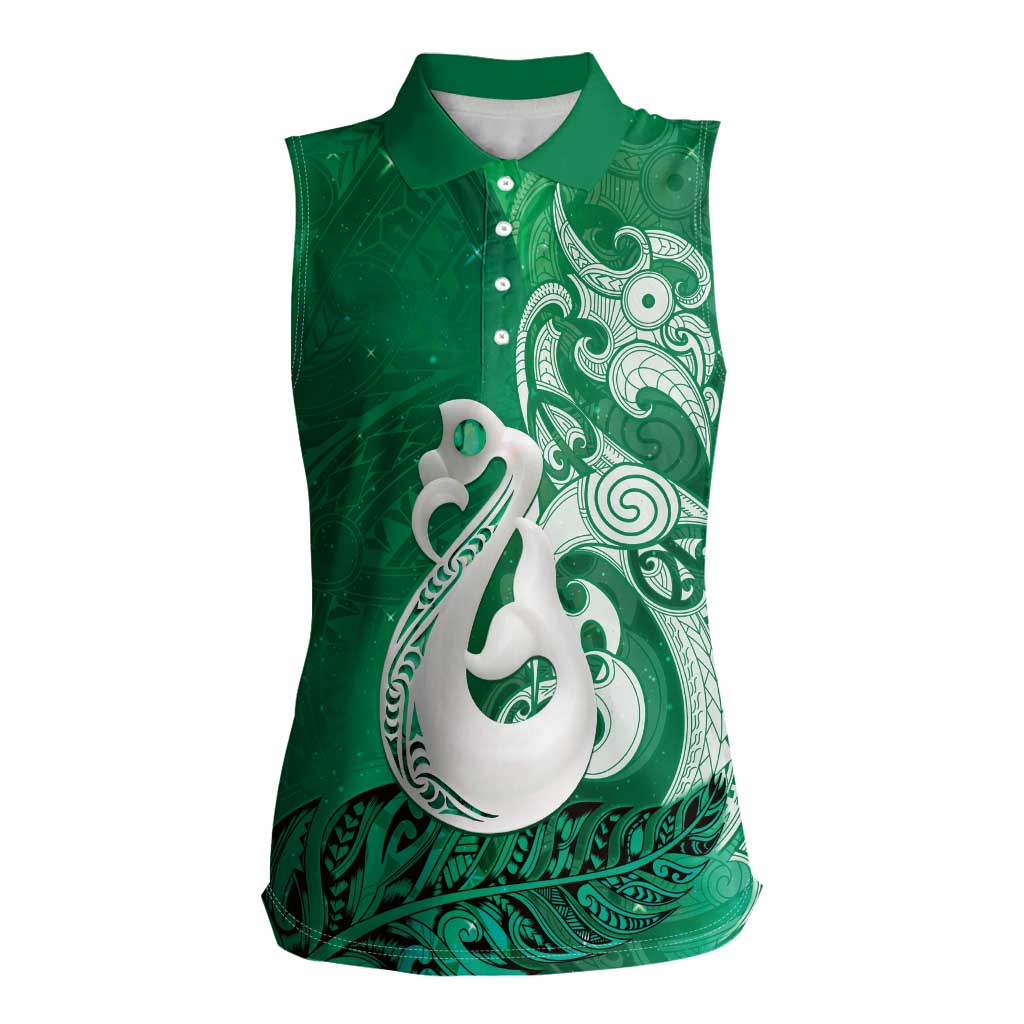 New Zealand Matariki Women Sleeveless Polo Shirt Maori Manaia Galaxy Silver Fern Green Color