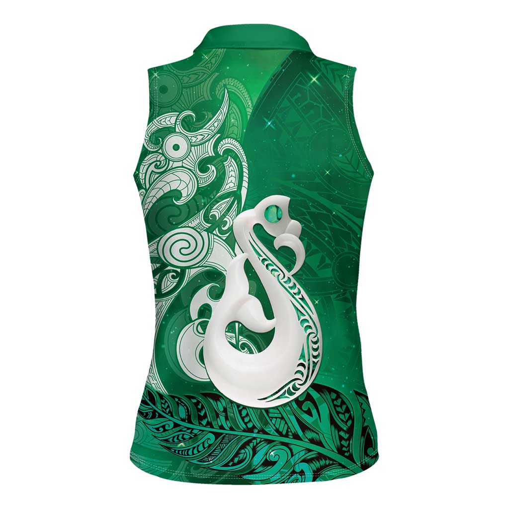 New Zealand Matariki Women Sleeveless Polo Shirt Maori Manaia Galaxy Silver Fern Green Color