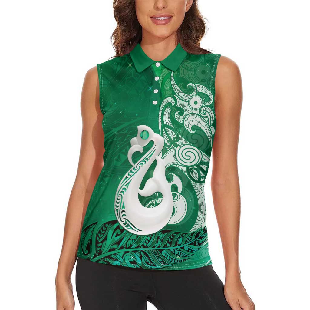 New Zealand Matariki Women Sleeveless Polo Shirt Maori Manaia Galaxy Silver Fern Green Color