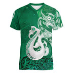 New Zealand Matariki Women V-Neck T-Shirt Maori Manaia Galaxy Silver Fern Green Color