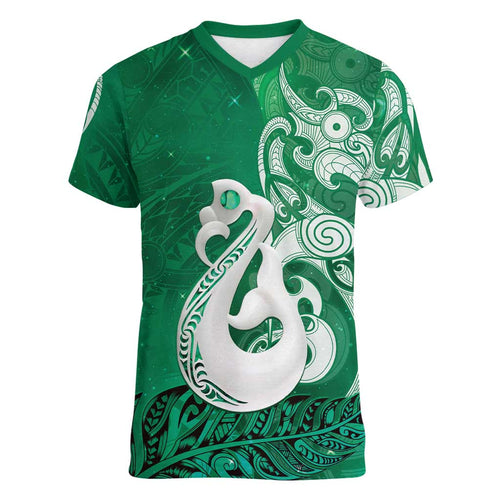New Zealand Matariki Women V-Neck T-Shirt Maori Manaia Galaxy Silver Fern Green Color