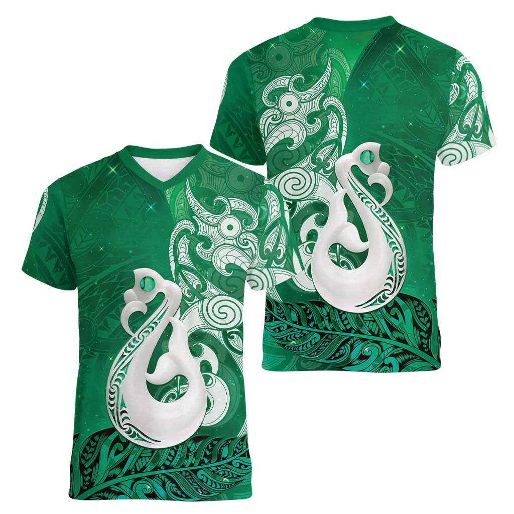 New Zealand Matariki Women V-Neck T-Shirt Maori Manaia Galaxy Silver Fern Green Color