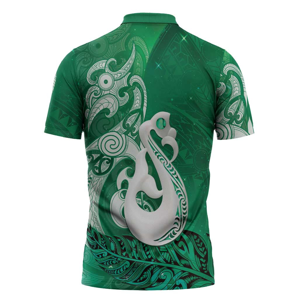 New Zealand Matariki Zipper Polo Shirt Maori Manaia Galaxy Silver Fern Green Color