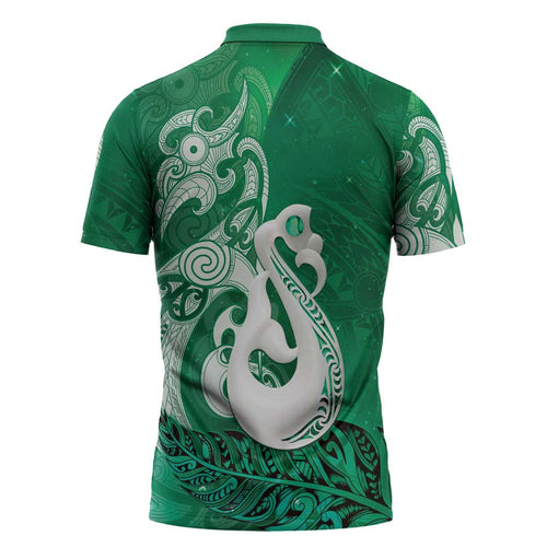 New Zealand Matariki Zipper Polo Shirt Maori Manaia Galaxy Silver Fern Green Color