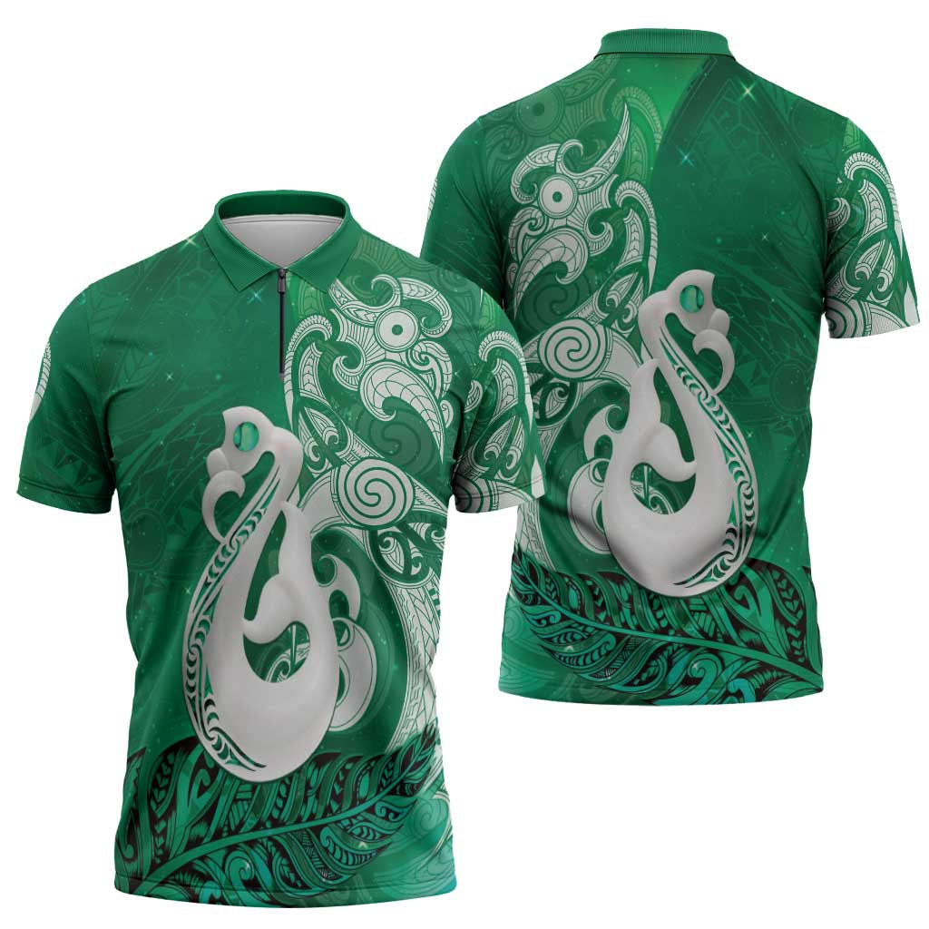 New Zealand Matariki Zipper Polo Shirt Maori Manaia Galaxy Silver Fern Green Color