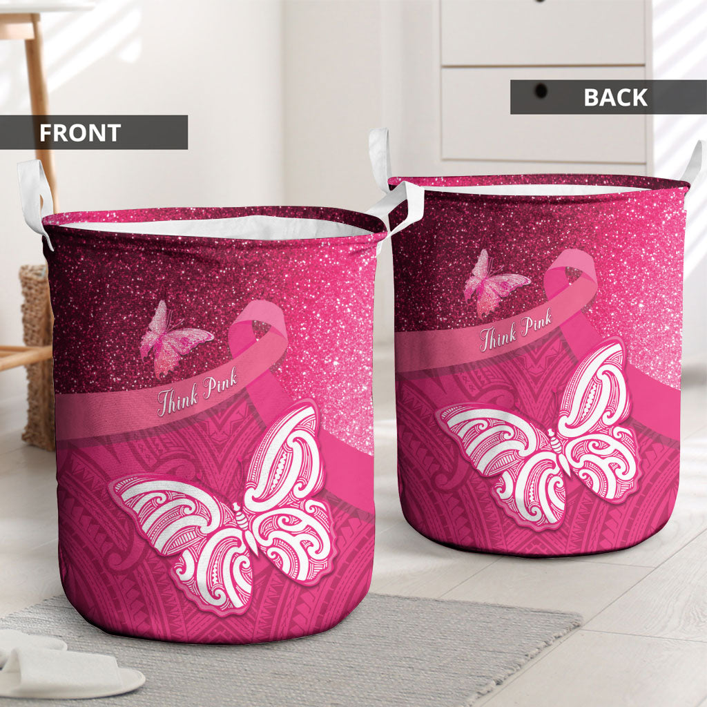 New Zealand Breast Cancer Awareness Laundry Basket Pink Ribbon Butterfly Maori Pattern