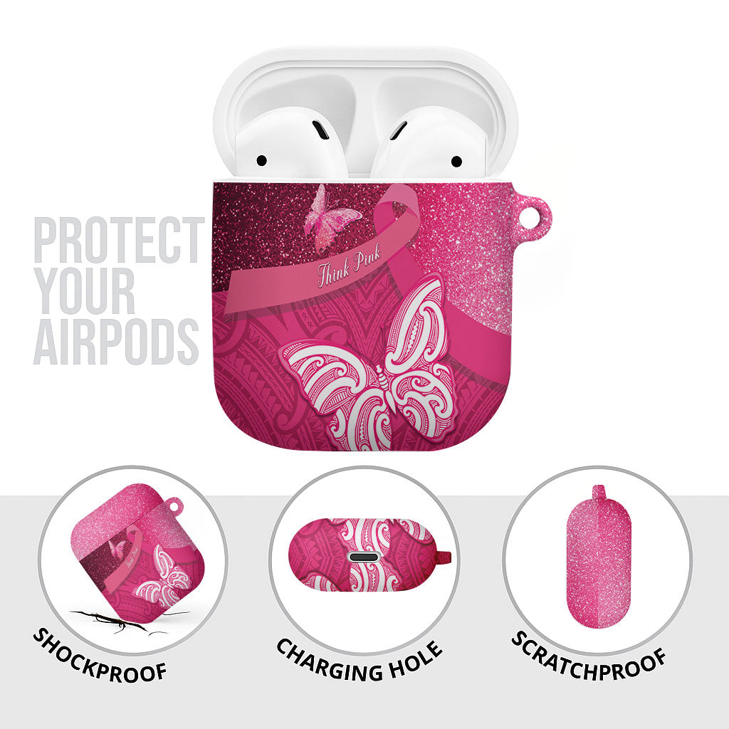 New Zealand Breast Cancer Awareness AirPods Case Pink Ribbon Butterfly Maori Pattern