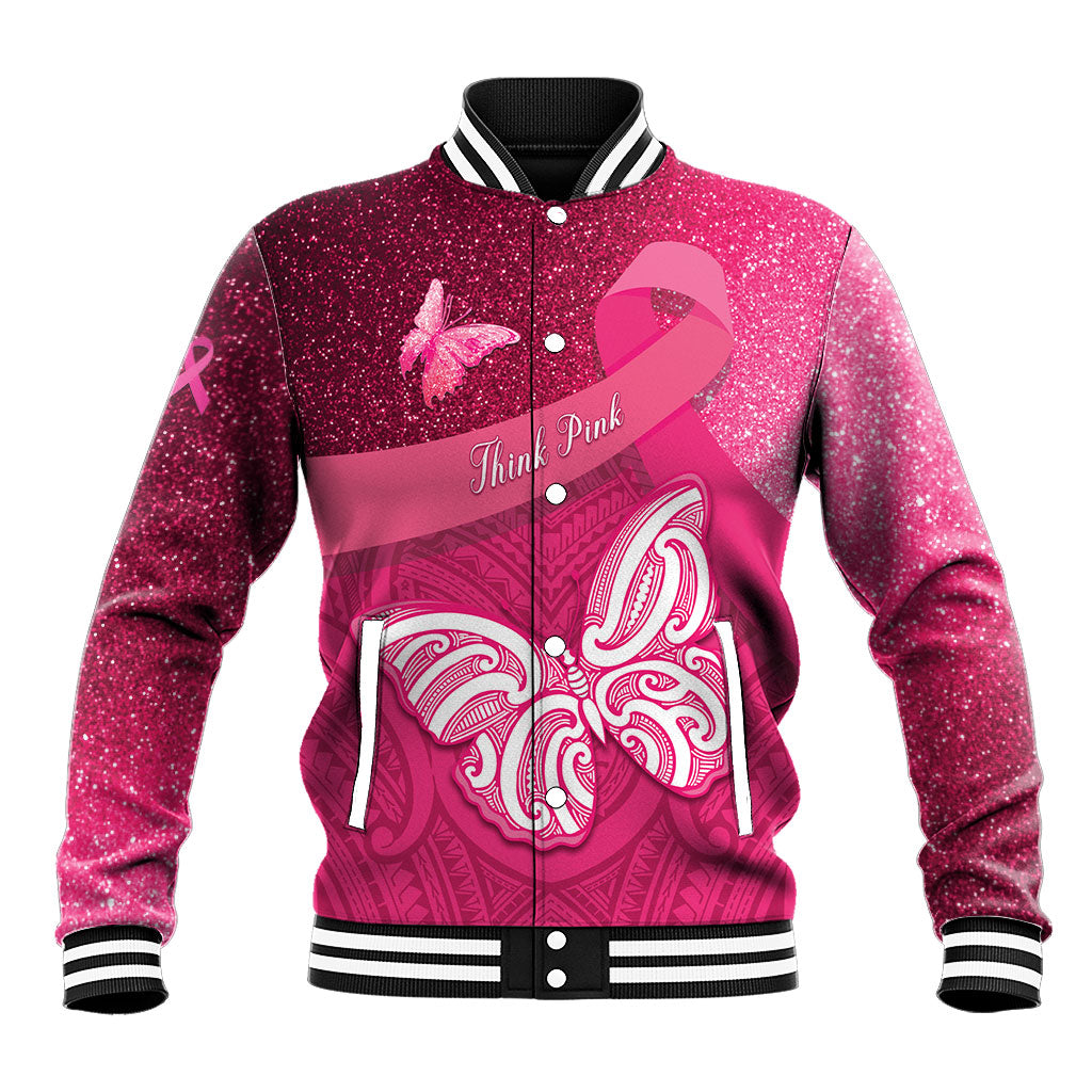 New Zealand Breast Cancer Awareness Baseball Jacket Pink Ribbon Butterfly Maori Pattern
