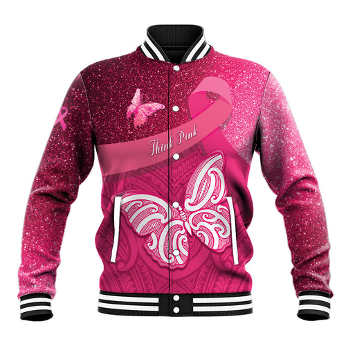 New Zealand Breast Cancer Awareness Baseball Jacket Pink Ribbon Butterfly Maori Pattern