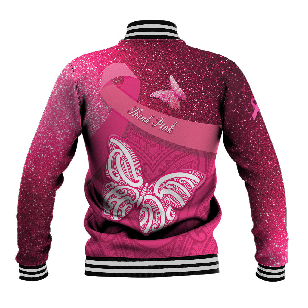 New Zealand Breast Cancer Awareness Baseball Jacket Pink Ribbon Butterfly Maori Pattern