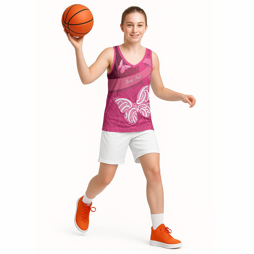 New Zealand Breast Cancer Awareness Basketball Jersey Pink Ribbon Butterfly Maori Pattern