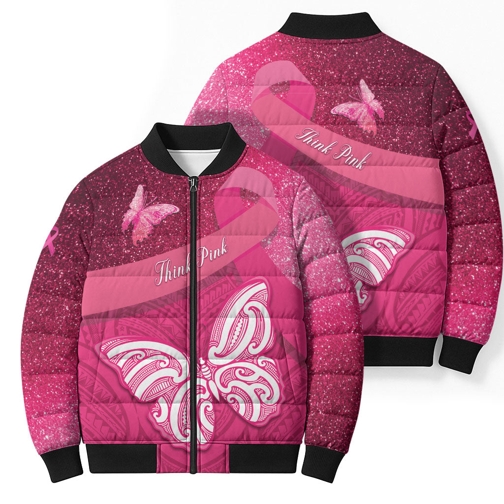 New Zealand Breast Cancer Awareness Bomber Puffer Jacket Pink Ribbon Butterfly Maori Pattern