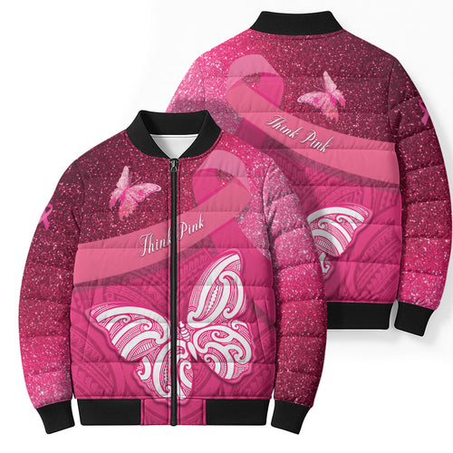 New Zealand Breast Cancer Awareness Bomber Puffer Jacket Pink Ribbon Butterfly Maori Pattern