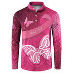 New Zealand Breast Cancer Awareness Button Sweatshirt Pink Ribbon Butterfly Maori Pattern
