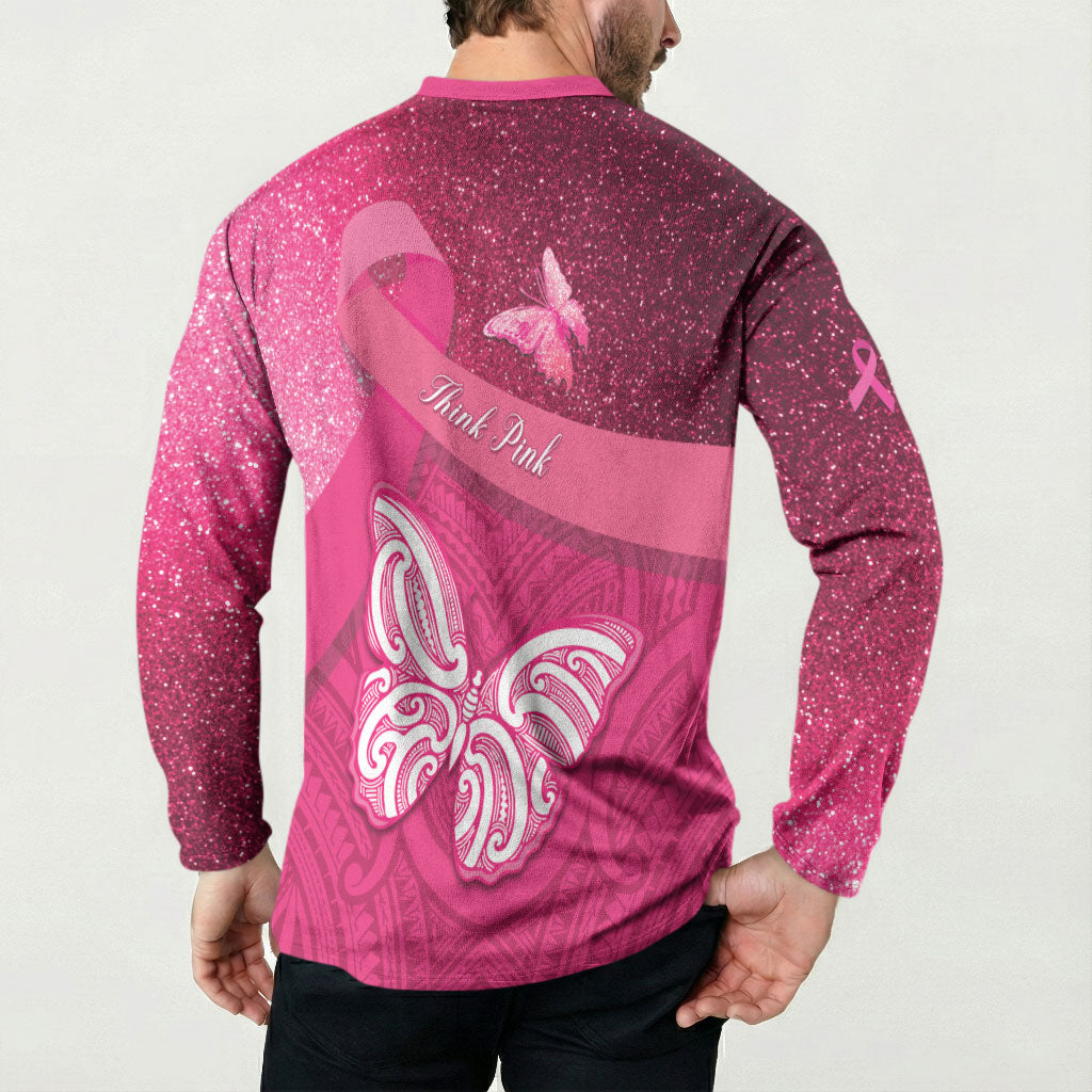 New Zealand Breast Cancer Awareness Button Sweatshirt Pink Ribbon Butterfly Maori Pattern