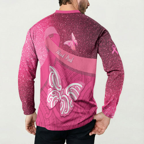New Zealand Breast Cancer Awareness Button Sweatshirt Pink Ribbon Butterfly Maori Pattern