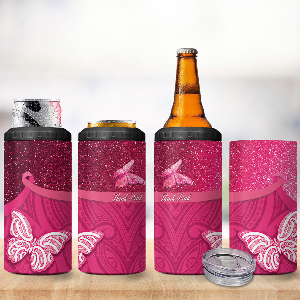New Zealand Breast Cancer Awareness 4 in 1 Can Cooler Tumbler Pink Ribbon Butterfly Maori Pattern