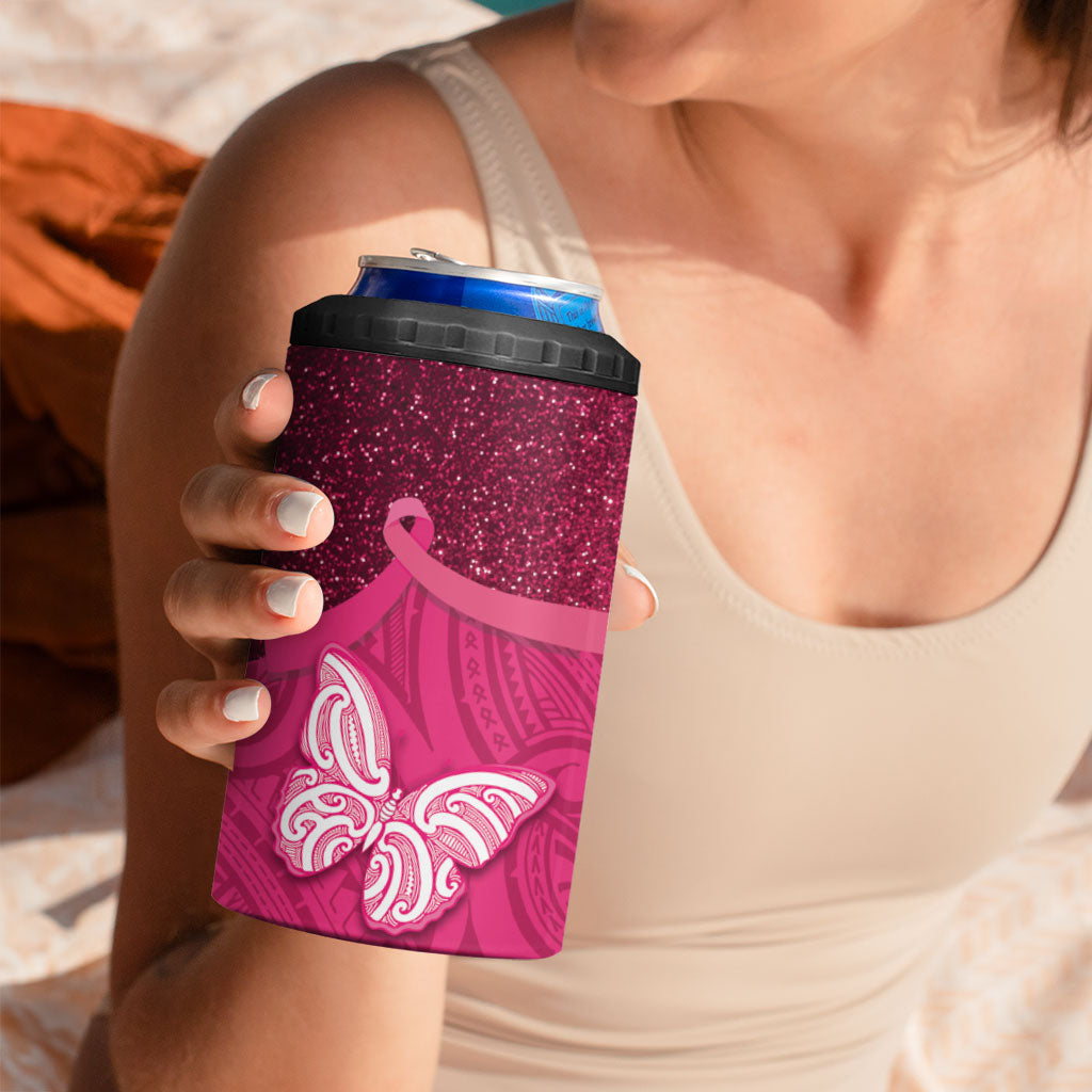New Zealand Breast Cancer Awareness 4 in 1 Can Cooler Tumbler Pink Ribbon Butterfly Maori Pattern