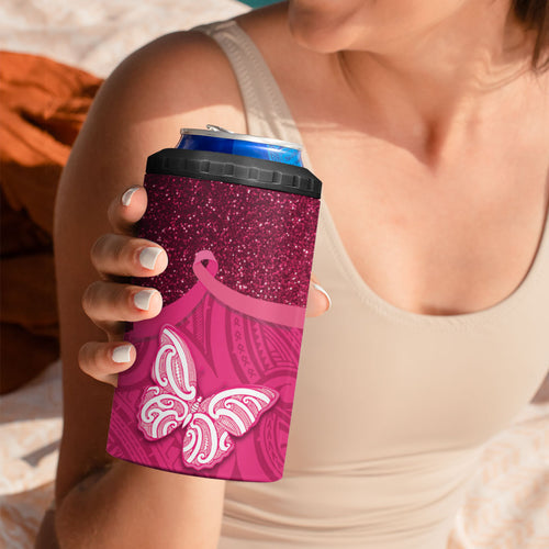 New Zealand Breast Cancer Awareness 4 in 1 Can Cooler Tumbler Pink Ribbon Butterfly Maori Pattern