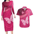 New Zealand Breast Cancer Awareness Couples Matching Long Sleeve Bodycon Dress and Hawaiian Shirt Pink Ribbon Butterfly Maori Pattern