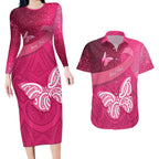 New Zealand Breast Cancer Awareness Couples Matching Long Sleeve Bodycon Dress and Hawaiian Shirt Pink Ribbon Butterfly Maori Pattern