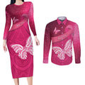 New Zealand Breast Cancer Awareness Couples Matching Long Sleeve Bodycon Dress and Long Sleeve Button Shirt Pink Ribbon Butterfly Maori Pattern