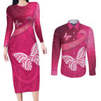 New Zealand Breast Cancer Awareness Couples Matching Long Sleeve Bodycon Dress and Long Sleeve Button Shirt Pink Ribbon Butterfly Maori Pattern