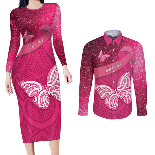 New Zealand Breast Cancer Awareness Couples Matching Long Sleeve Bodycon Dress and Long Sleeve Button Shirt Pink Ribbon Butterfly Maori Pattern