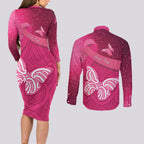 New Zealand Breast Cancer Awareness Couples Matching Long Sleeve Bodycon Dress and Long Sleeve Button Shirt Pink Ribbon Butterfly Maori Pattern