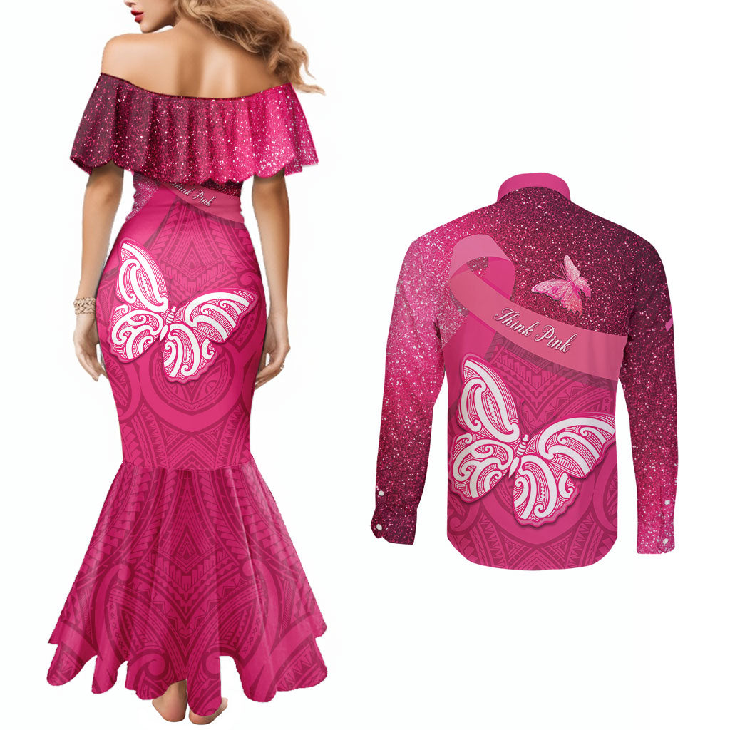 New Zealand Breast Cancer Awareness Couples Matching Mermaid Dress and Long Sleeve Button Shirt Pink Ribbon Butterfly Maori Pattern
